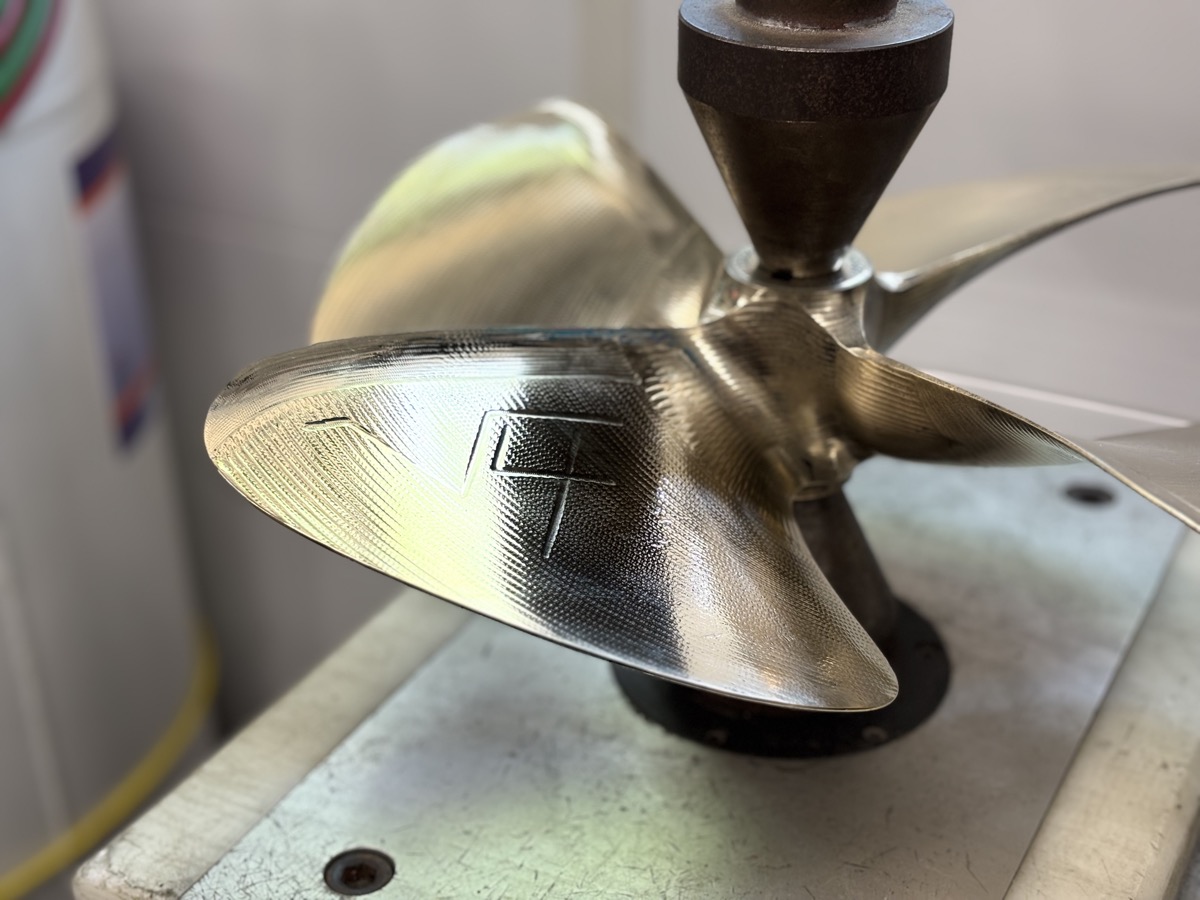 Macro detail of a propeller with stamped logo