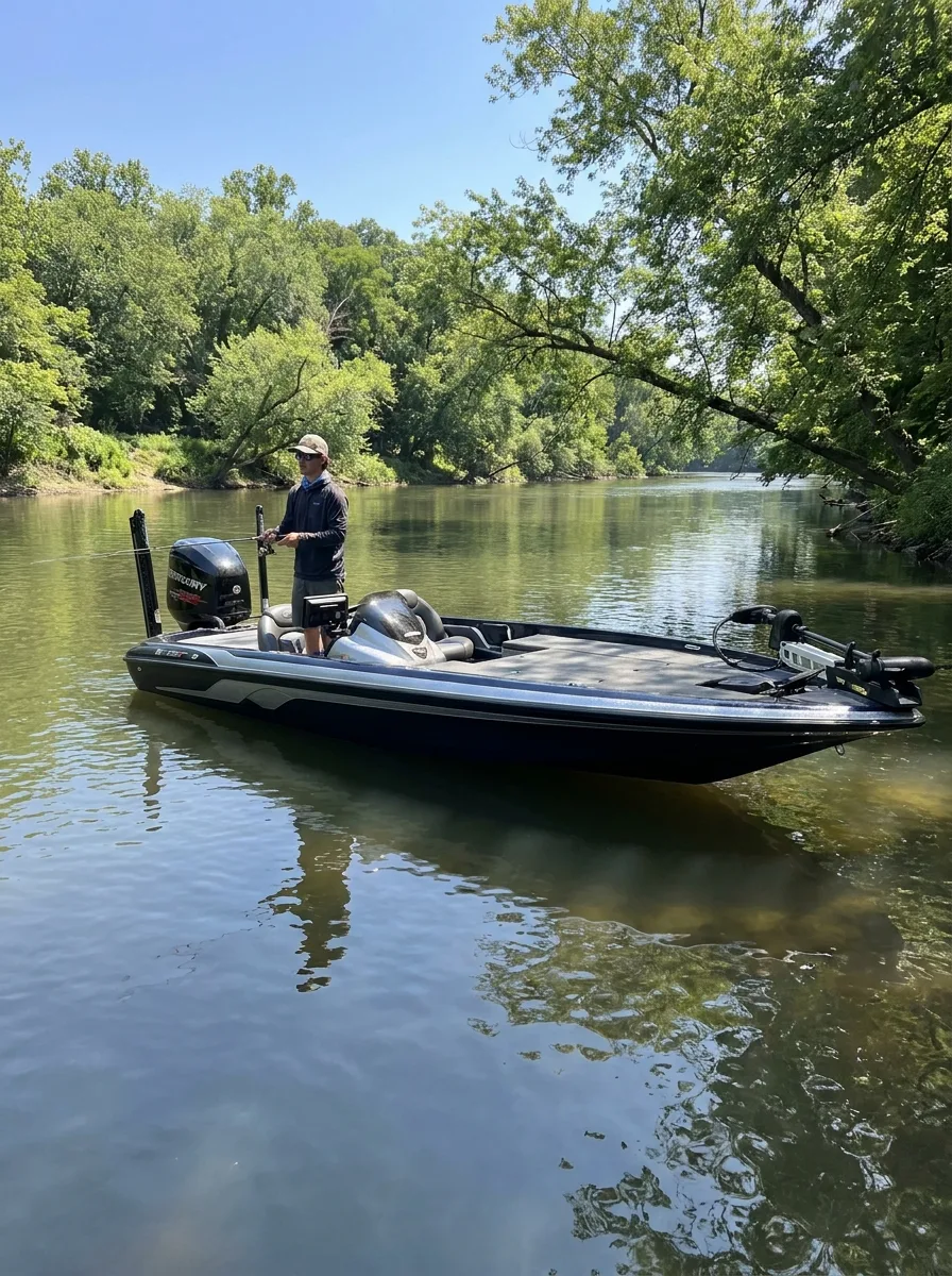 A sleek bass boat on a calm river on a sunny summer day