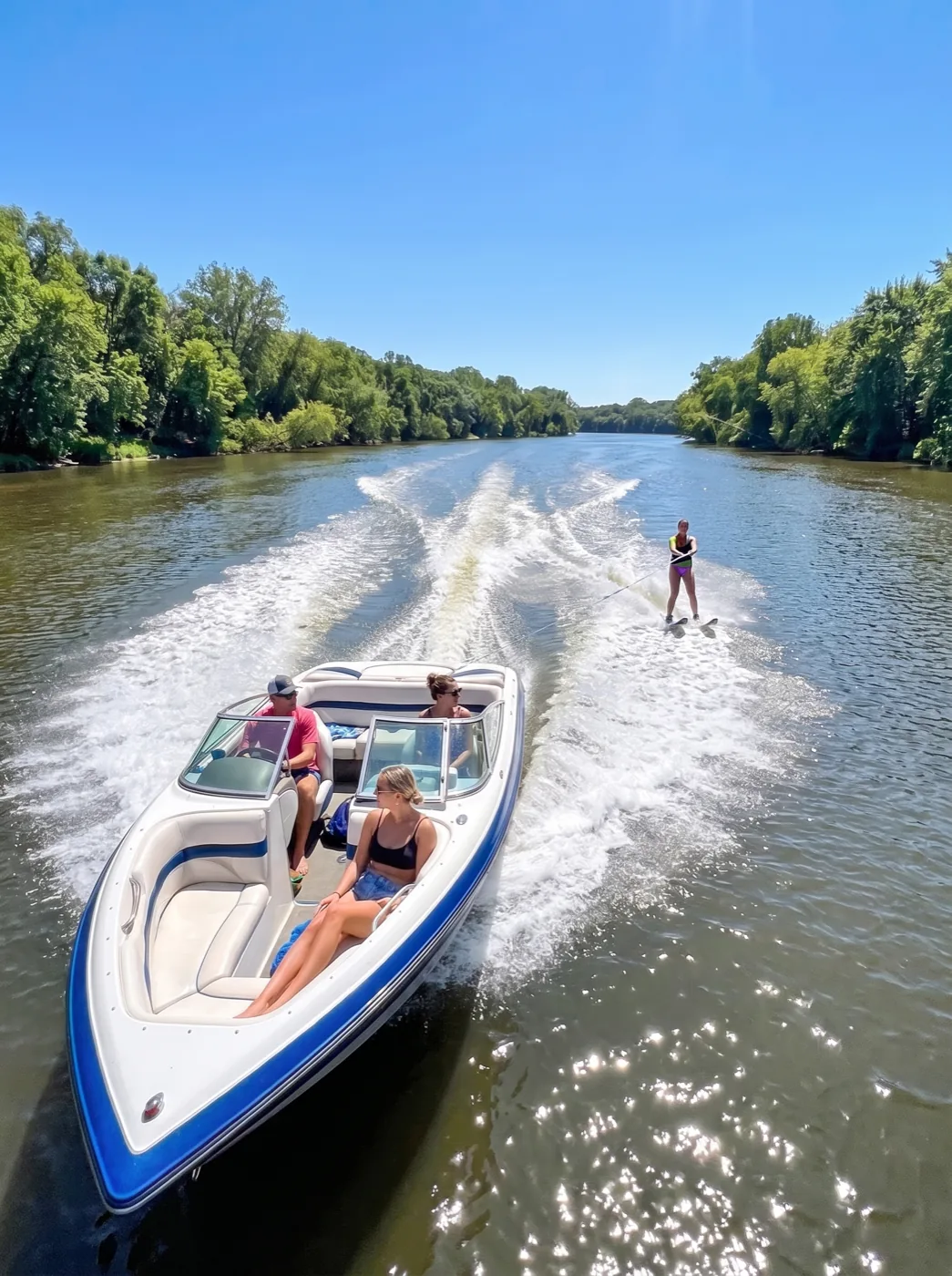 A speed boat pulling a water skier across the river on a sunny summer day