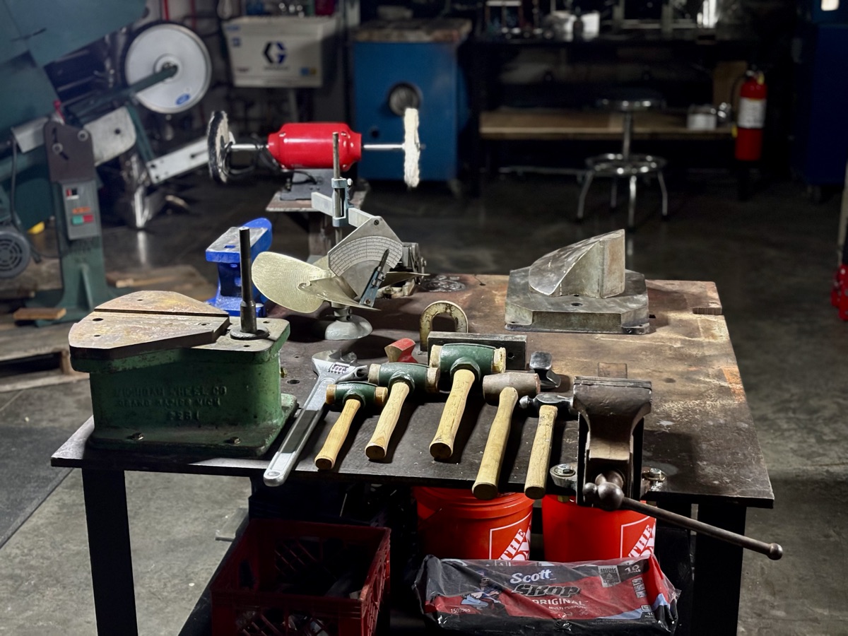 Tools and equipment at the Twin Rivers Propeller Repair workstation